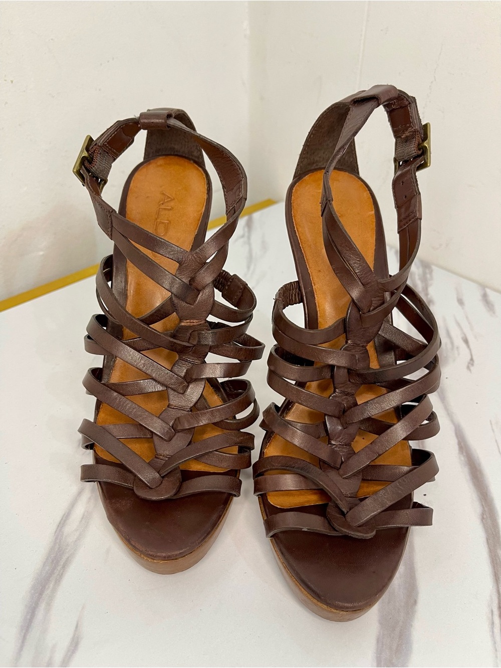 Aldo Brown Strappy High Heel Sandals with Intricate Design Sz EU 37/ US 6.5-7 - Picture 2 of 12